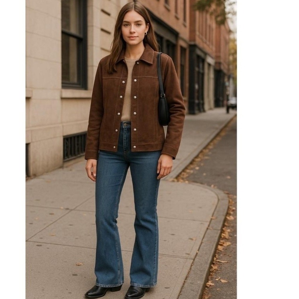Vintage Decorated Originals Jacket Womans Large Faux Suede Brown Snap Button